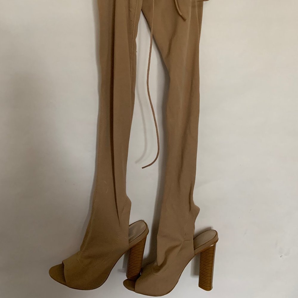 Thigh High Boots, Tan w/ adjustable tie, size 6